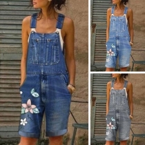 Fashion High Waist Printed Slim Fit Denim Overalls