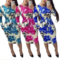 OL Style Long Sleeve Round Neck Slim Fit Printed Dress