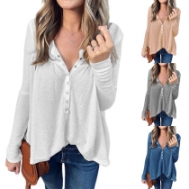 Fashion Solid Color Long Sleeve Front-button Loose T-shirt 