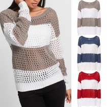 Fashion Contrast Color Long Sleeve Round Neck Hollow Out Knit Top