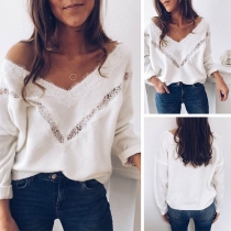 Sexy V-neck Long Sleeve Hollow Out Lace Spliced Knit Top