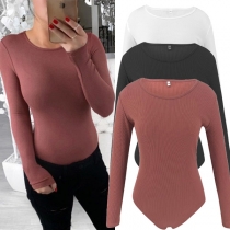 Fashion Solid Color Long Sleeve Round Neck Tight Bodysuit