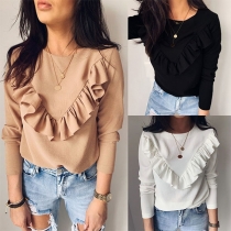 Fashion Solid Color Round Neck Long Sleeve Ruffle Top