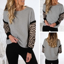 Fashion Leopard Spliced Long Sleeve Round Neck Sweatshirt 