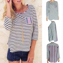 Fashion 3/4 Sleeve Round Neck Stripe Loose T-shirt