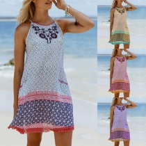 Sexy Round Neck Tassel Hem Printed Sling Dress