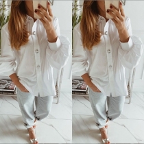 OL Style Lantern Sleeve POLO Collar Solid Color Shirt 