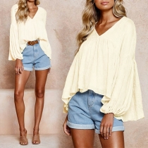 Fashion Solid Color Lantern Sleeve V-neck Top