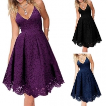 Sexy Backless V-neck High Waist Sling Lace Dress