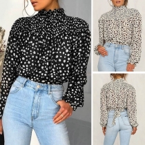Sexy Long Sleeve Stand Collar Lace-up Hem Printed Crop Top 