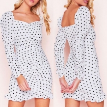 Sexy Long Sleeve Ruffle Hem Dots Printed Dress