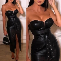 Sexy Strapless Slit Hem High Waist Slim Fit PU Leather Dress