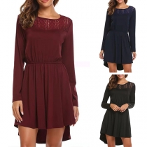 Fashion Lace Spliced Long Sleeve Round Neck High-low Hem Dress