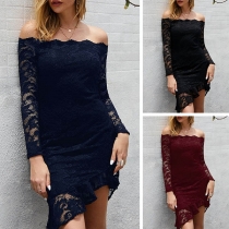 Sexy Off-shoulder Boat Neck Long Sleeve Irregular Hem Lace Dress