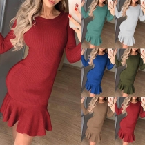 Elegant Solid Color Long Sleeve Round Neck Ruffle Hem Dress