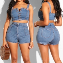 Sexy Backless Sling Denim Crop Top + High Waist Shorts Two-piece Set 