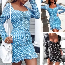 Fashion Long Sleeve Square Collar Ruffle Hem Dots Printed Dress