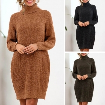 Fashion Solid Color Long Sleeve Turtleneck Sweater Dress