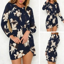 Fresh Style Long Sleeve Round Neck Irregular Hem Printed Dress