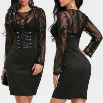 Sexy Lace Spliced Long Sleeve Round Neck Slim Fit Dress