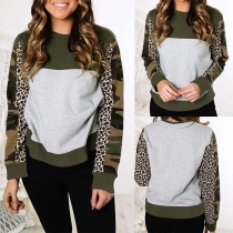 Fashion Leopard Camouflage Spliced Long Sleeve Round Neck Sweatshirt