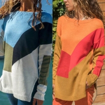 Fashion Contrast Color Long Sleeve Round Neck Slit Hem Sweater 