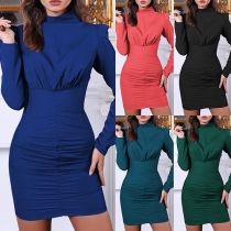 Elegant Solid Color Long Sleeve Mock Neck Slim Fit Dress