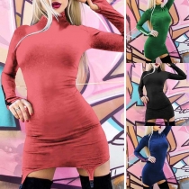 Fashion Long Sleeve High Neck Irregular Hem Tight Dress