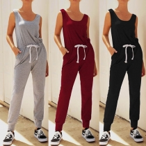 Fashion Solid Color Sleeveless Drawstring Waist Jumpsuit 