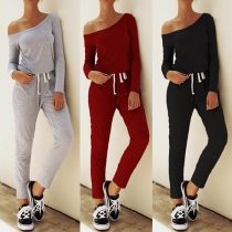 Sexy Oblique Shoulder Long Sleeve Drawstring Waist Jumpsuit 