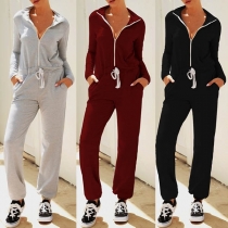 Fashion Solid Color Stand Collar Drawstring Waist Jumpsuit