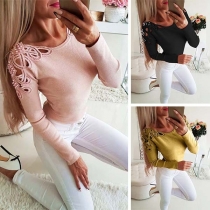 Sexy Hollow Out Long Sleeve Round Neck Beaded T-shirt(It falls small)