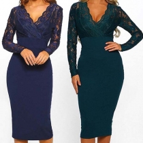 Sexy Lace Spliced Long Sleeve V-neck Slim Fit Dress