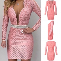 Sexy Deep V-neck Long Sleeve Slim Fit Lace Dress(It falls small)