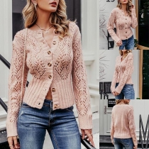 Fashion Solid Color Long Sleeve Hollow Out Knit Cardigan 