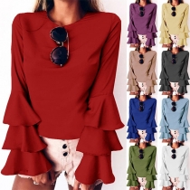 Fashion Solid Color Trumpet Sleeve Round Neck Top 