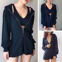 Fashion Solid Color Long Sleeve Hooded Romper 
