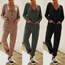 Fashion Solid Color Long Sleeve Front-button Jumpsuit 