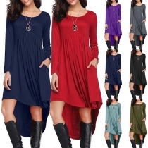 Fashion Solid Color Long Sleeve Round Neck High-low Hem Dress