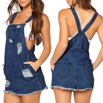 Fashion Frayed Hem Ripped Denim Suspenders Skirt