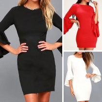 Elegant Solid Color Trumpet Sleeve Round Neck Slim Fit Dress