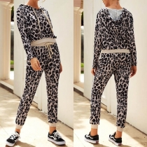 Fashion Leopard Printed Long Sleeve Hooded Top + Pants Two-piece Set 
