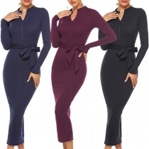 Fashion Solid Color Long Sleeve Stand Collar Slim Fit Knit Dress