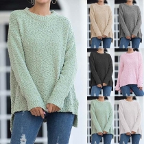 Fashion Solid Color Round Neck Slit Hem Sweater