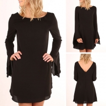 Sexy Backless Trumpet Sleeve Round Neck Solid Color Dress