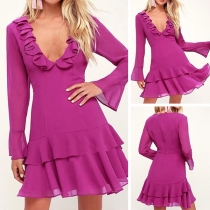 Sexy V-neck Trumpet Sleeve Solid Color Ruffle Dress