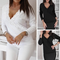 Sexy Lace Spliced V-neck Long Sleeve Solid Color T-shirt 