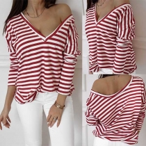 Fashion Long Sleeve V-neck Striped T-shirt 