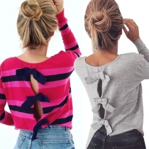 Sexy Backless Bow-knot Long Sleeve Round Neck T-shirt 