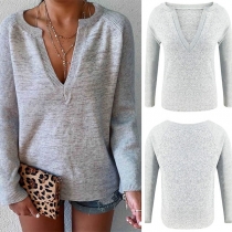 Sexy V-neck Long Sleeve Solid Color Knit Top 